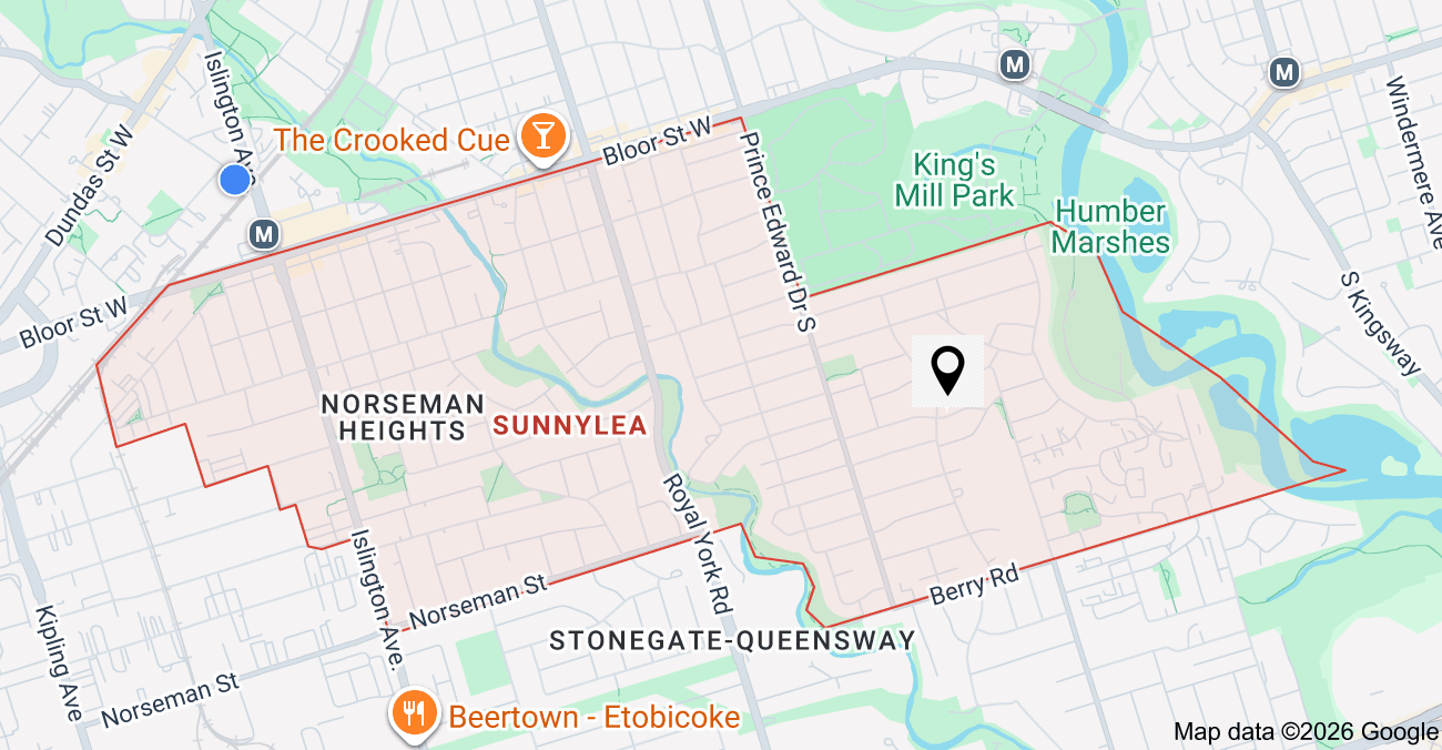 Sunnylea, Etobicoke — the streets, the ravines, and the Kingsway shops, with 43 Ballacaine Drive marked.